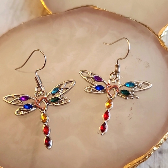 Boho Gypsy Sisters Jewelry - Dragonfly Earrings Multicolor Gems